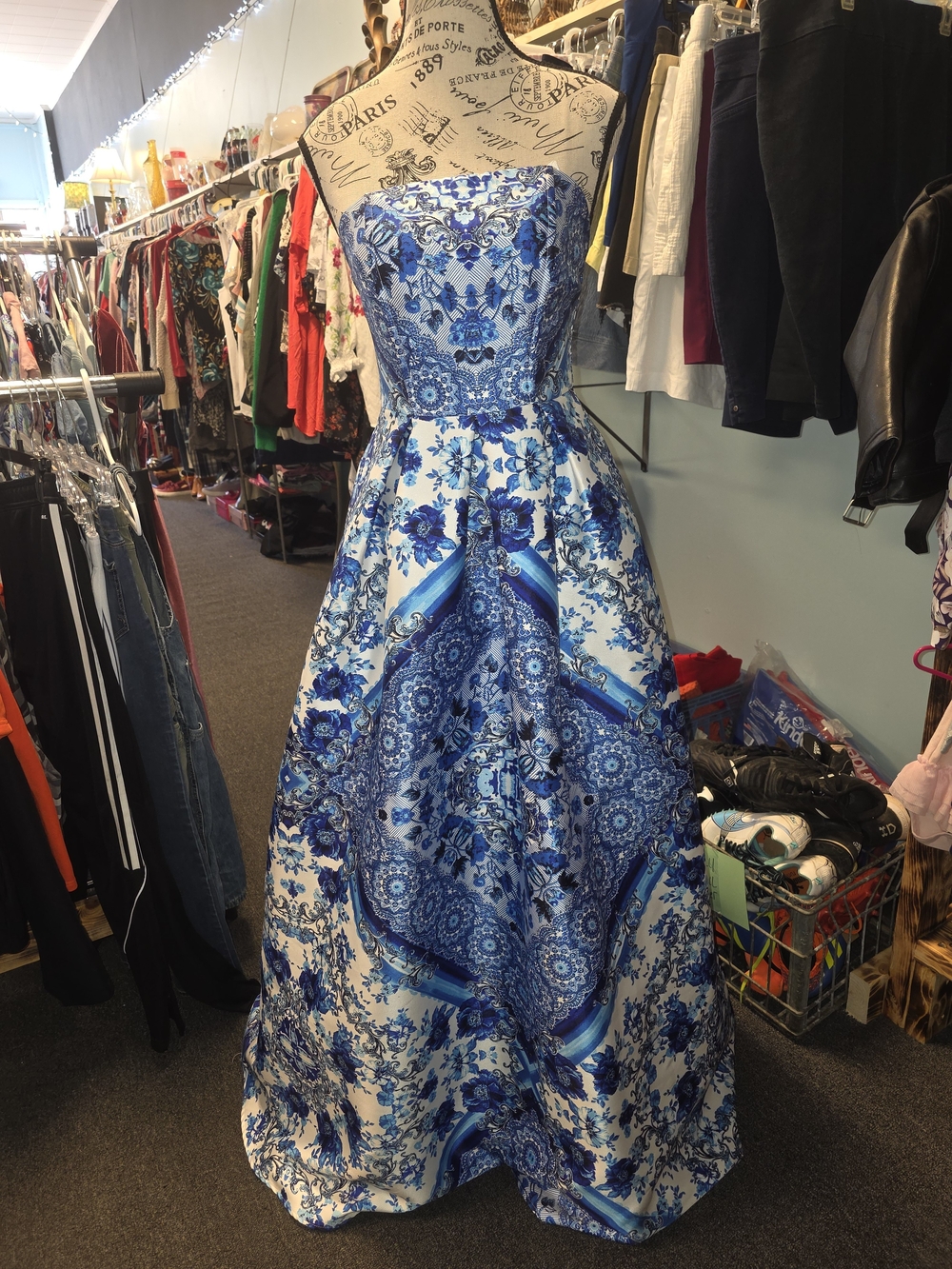 Speechless Blue and White Strapless Floral Ball Gown